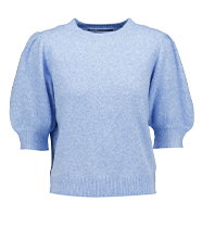 Light blue knit sweater with short puff sleeves, ribbed hem and cuffs, and a simple crew neckline, displayed against a plain neutral background.