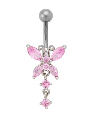 CZ Pink Butterfly Dangle Belly Ring - 14 Gauge