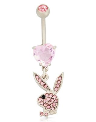CZ Pink Playboy Bunny Heart Dangle Belly Ring - 14 Gauge
