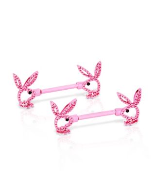 CZ Pink Playboy Bunny Cutout Nipple Barbells - 14 Gauge