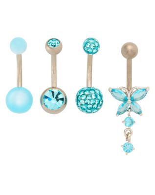 Multi-Pack CZ Blue and Butterfly Dangle Belly Rings 4 Pack - 14 Gauge