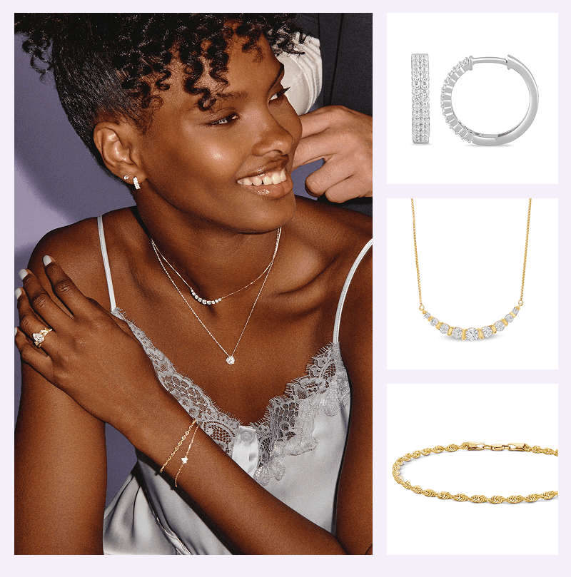Model layered in jewelry, next to close-ups of diamond huggies, curved bar necklace & gold rope bracelet.