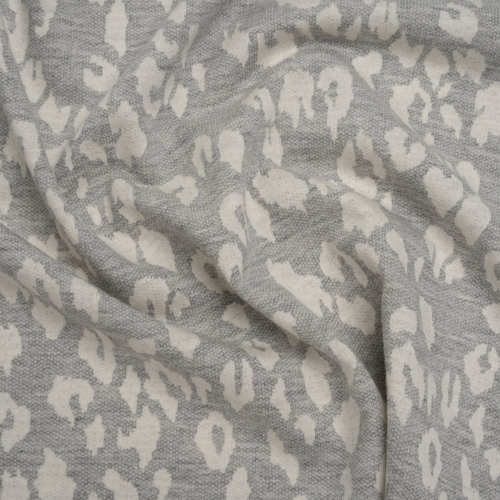 Image of Cotton and Polyester Jacquard Knit French Terry - Heathered Gray and Ivory Leopard Spots - Deadstock