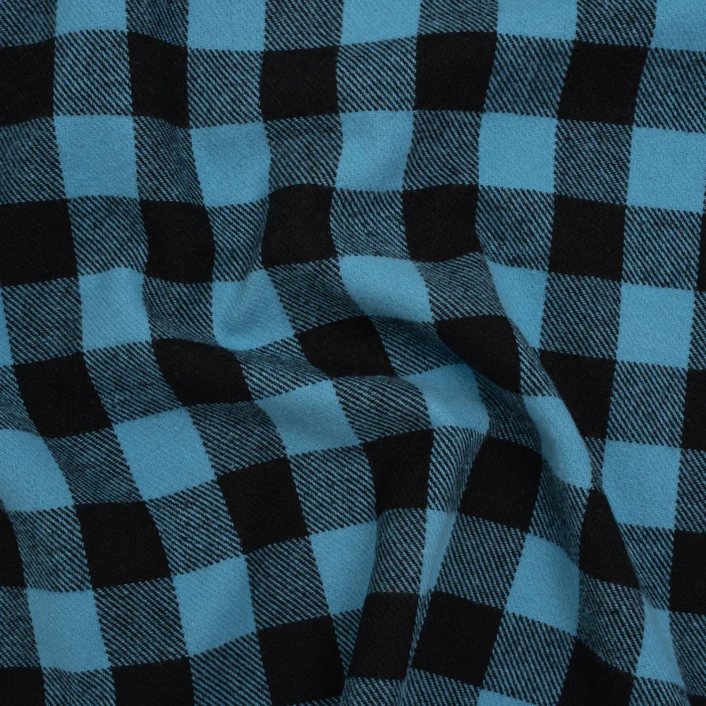 Image of Yarn-Dyed Cotton Twill Flannel - Small Sky Blue and Black Buffalo Check - Deadstock