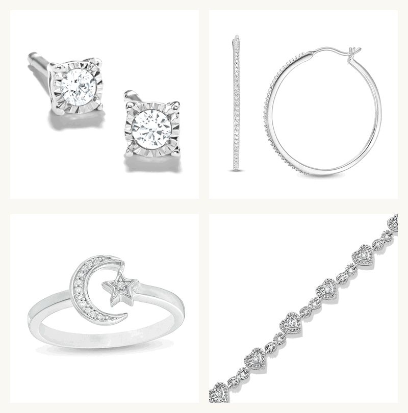 4-grid layout of unique silver-set jewelry with diamond accents, including ring, heart-bracelet, large hoops & studs.