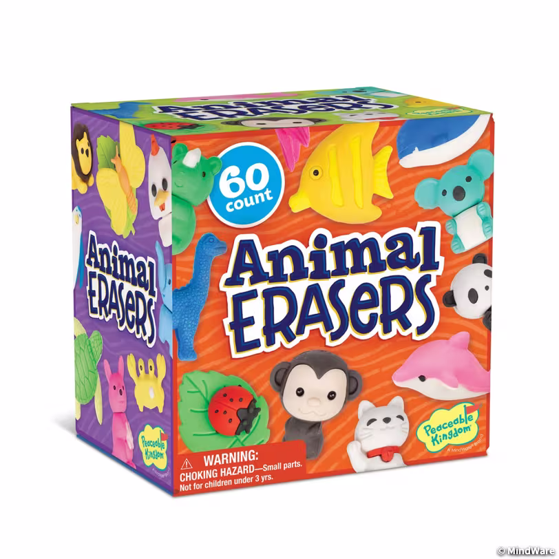 Peaceable Kingdom Animal Erasers – 60 Count, 25 Unique Designs