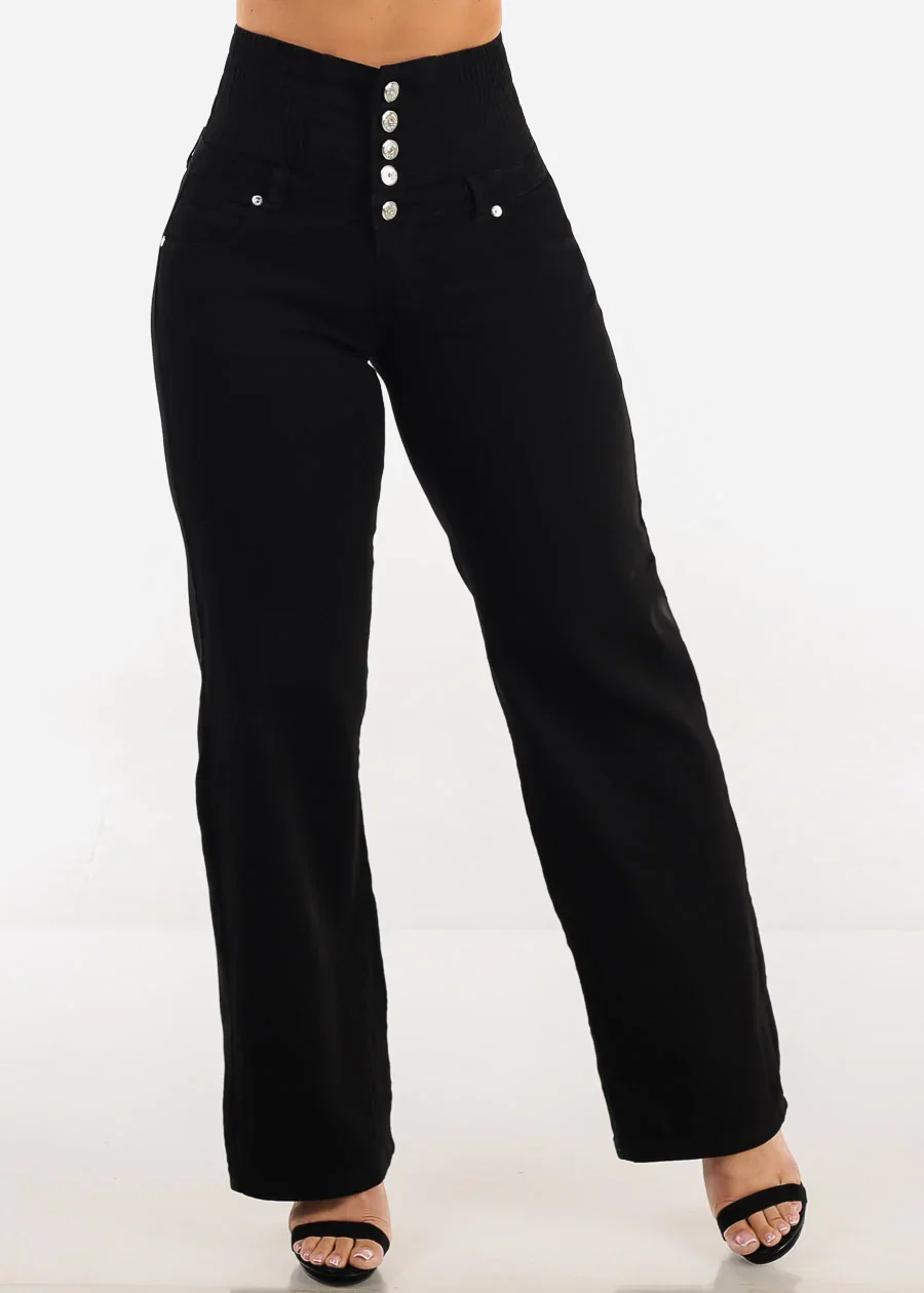 Image of MX JEANS Butt Lift 5 Button Spandex Waist Straight Wide Leg Jeans Black