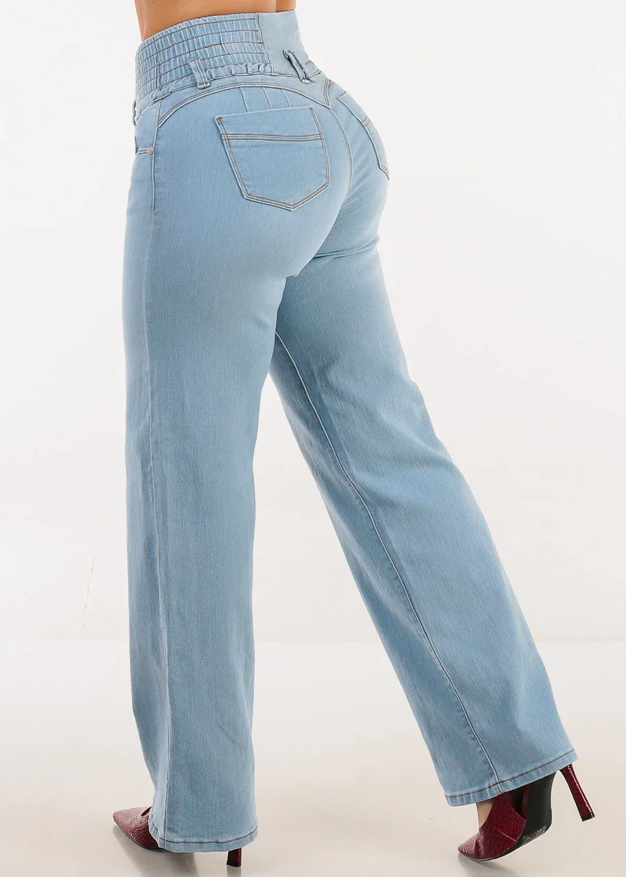 Image of MX JEANS Butt Lift 3 Button Spandex Waist Straight Wide Leg Jeans Light Blue