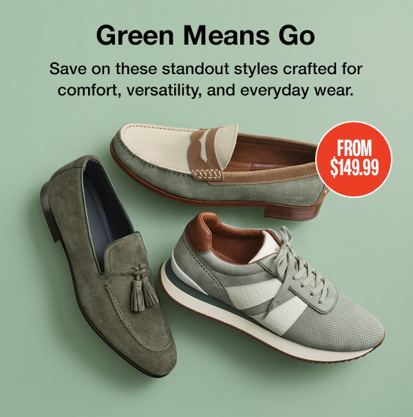 Three green-toned men's shoes—a tassel loafer, penny loafer, and sneaker—displayed on a light green background. Text reads: 