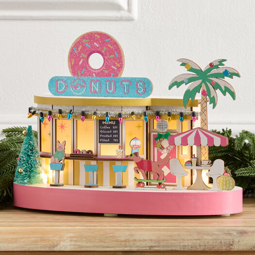 Laser Cut Wood Mid Century Donut Shop LED Light Up Decor with Timer
