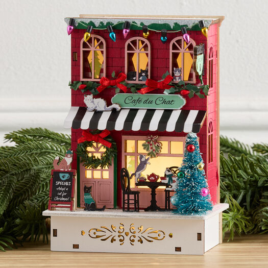 Laser Cut Wood Holiday Cat Cafe LED Light Up Decor with Timer