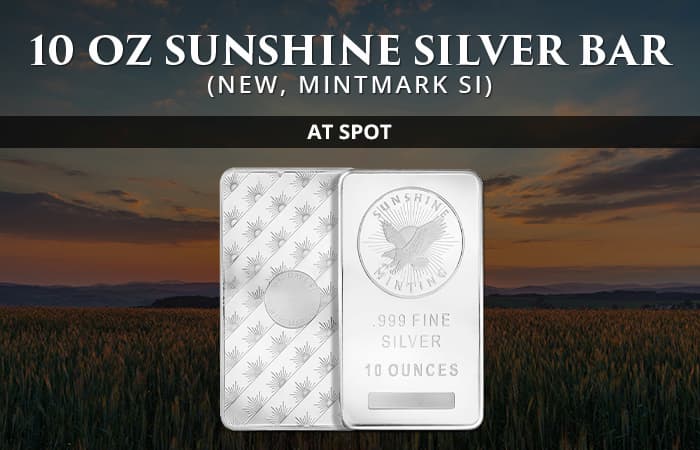 AT SPOT: 10 oz Sunshine Silver Bar (New, MintMark SI)