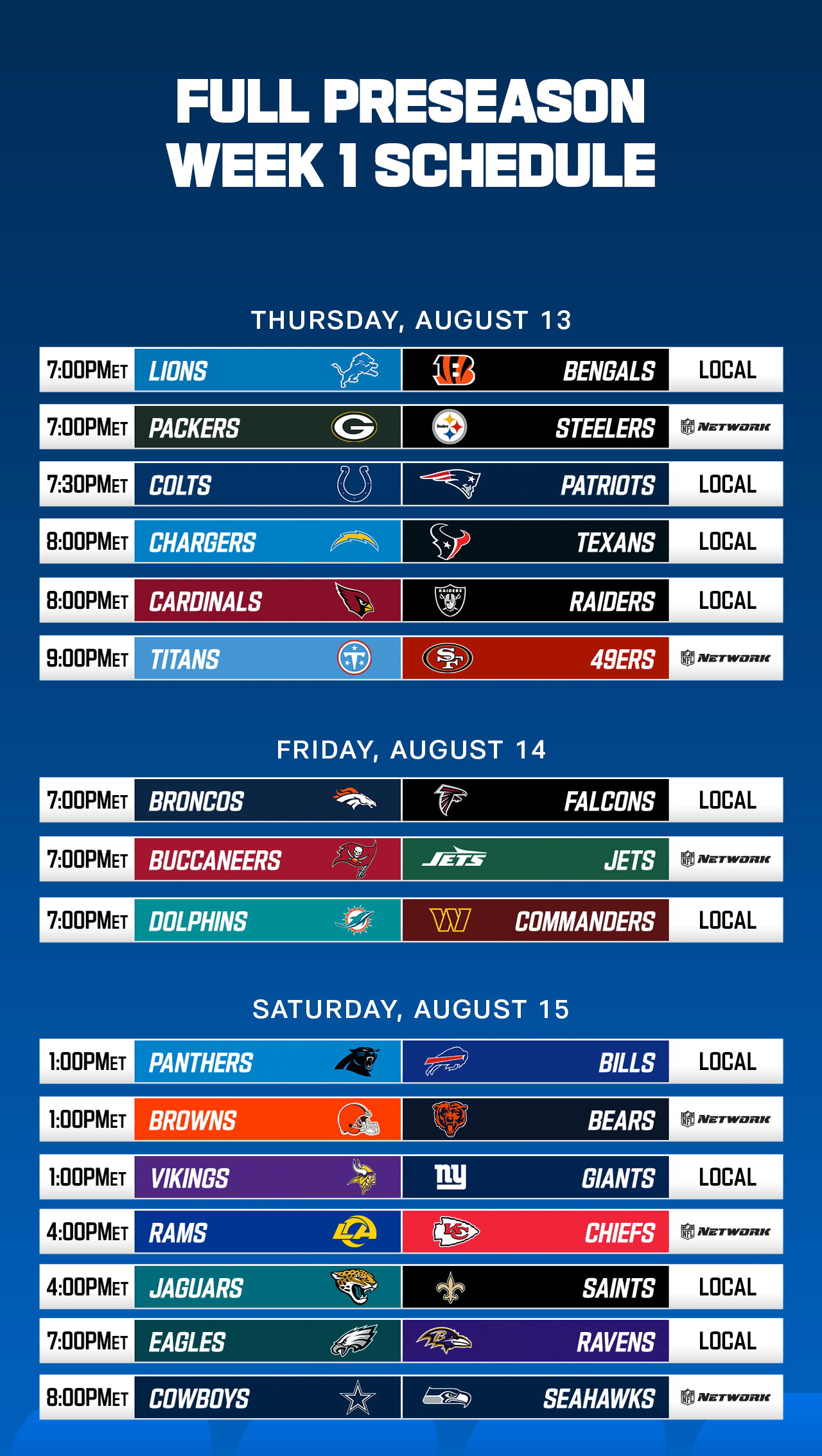 FULL PRESEASON WEEK 1 SCHEDULE