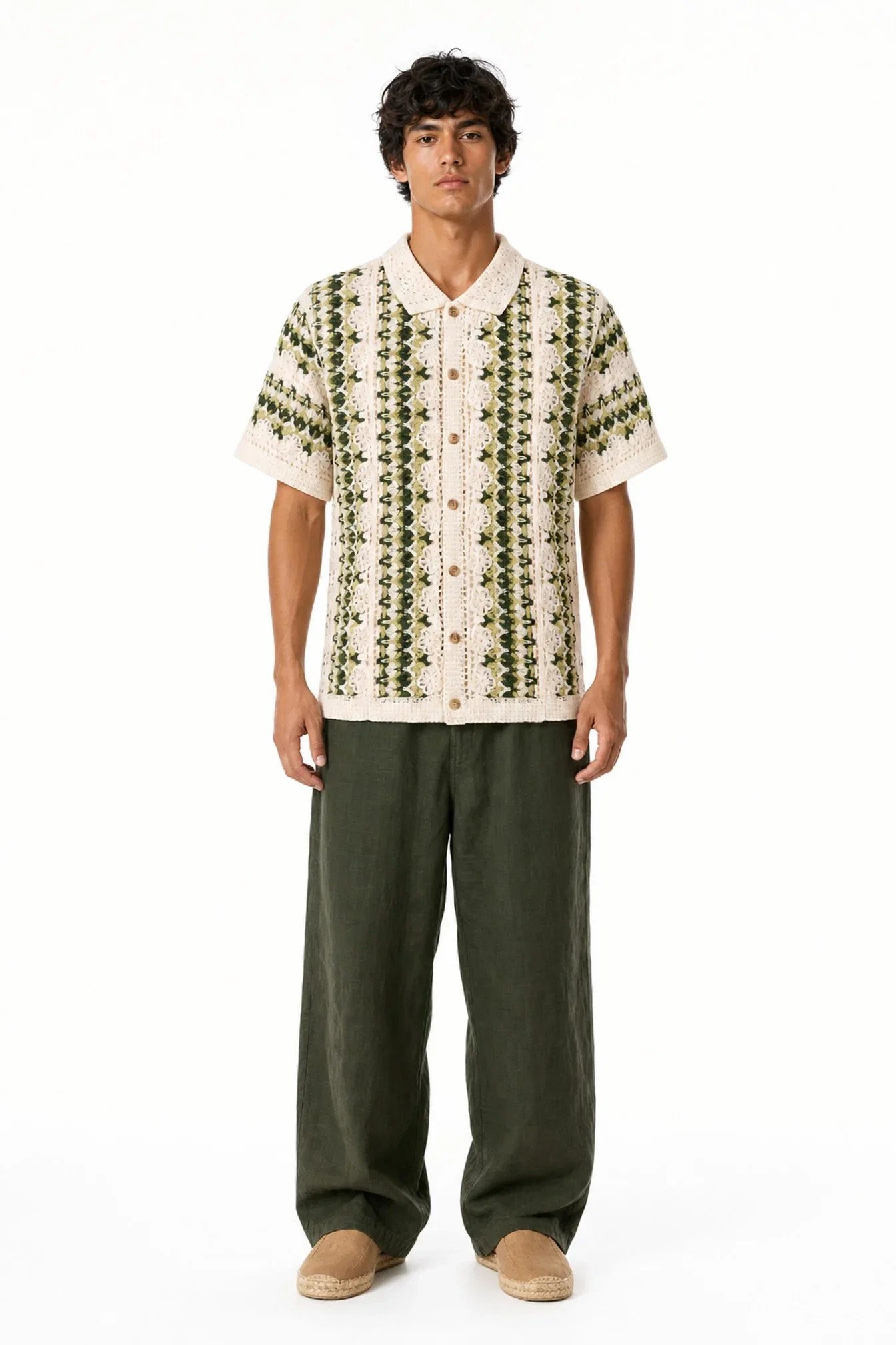 Image of Striped Crochet Short Sleeve Button Down Shirt