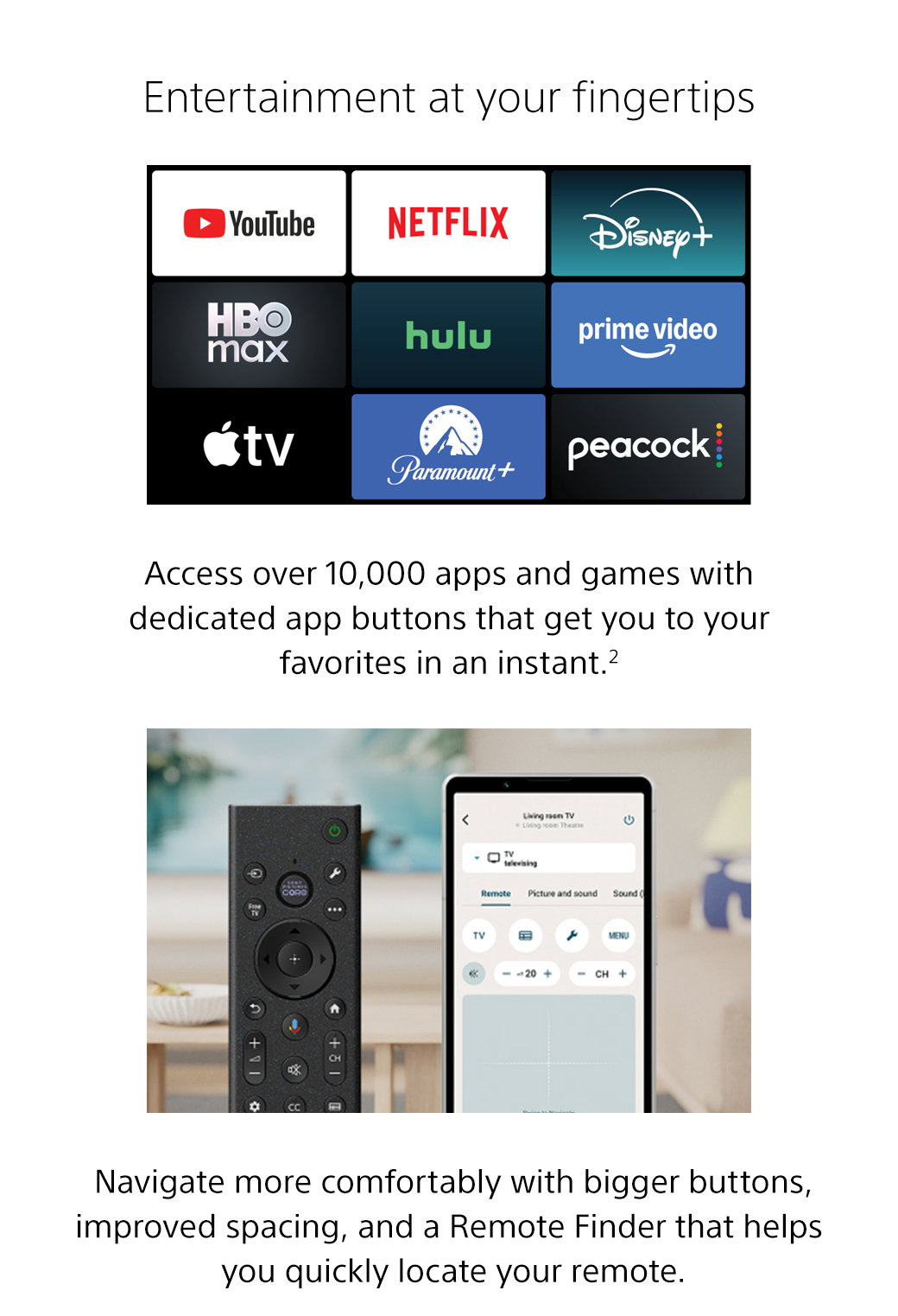 Entertainment at your fingertips | Access over 10,000 apps and games with dedicated app buttons that get you to your favourites in an instant.4 | Navigate more comfortably with bigger buttons, improved spacing, and a Remote Finder that helps you quickly locate your remote.