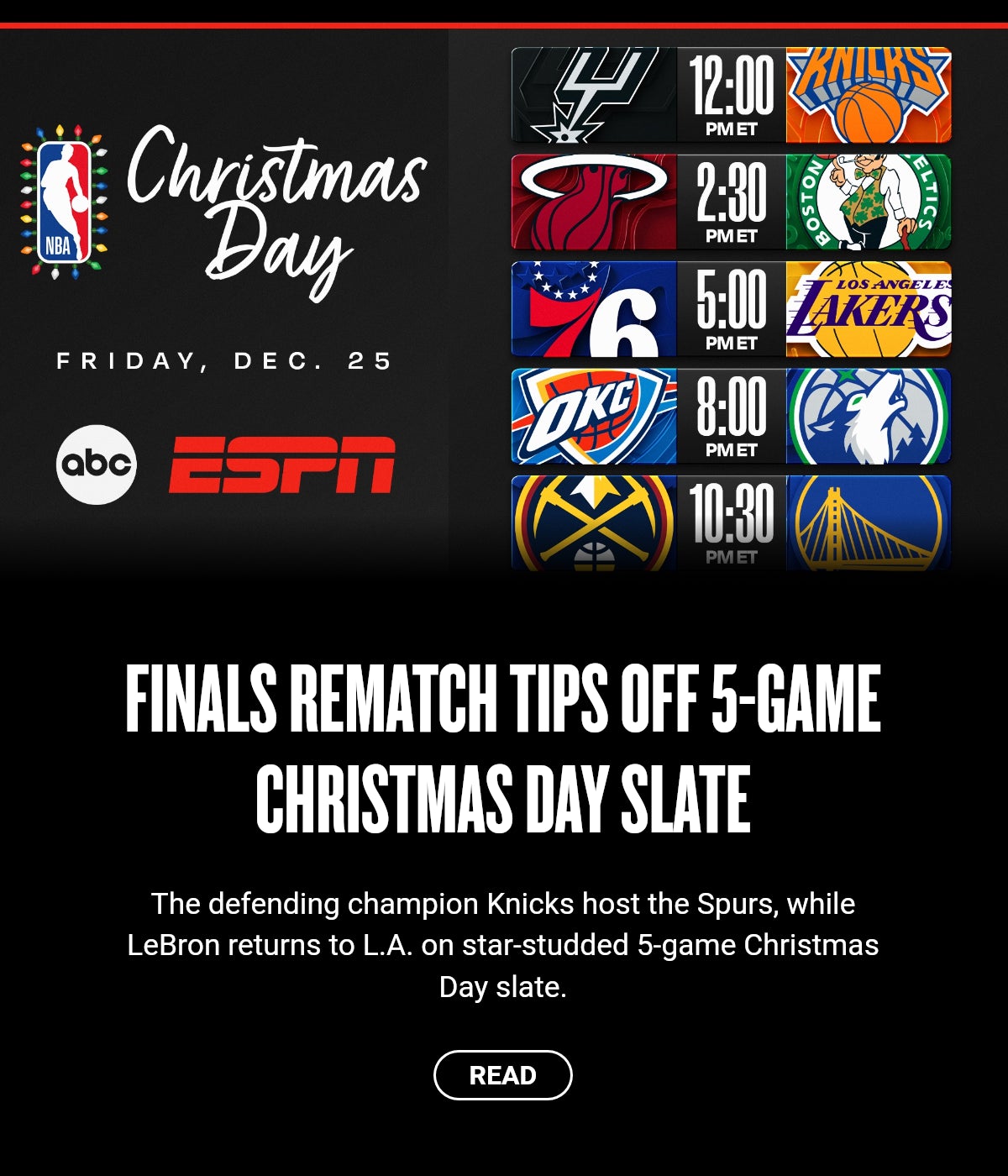 Finals rematch tips off 5-game Christmas Day slate