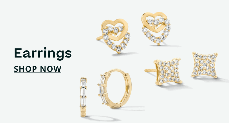 Interlocking gold, diamond heart studs, diamond-lined huggies & square pavé studs. Earrings. Click here to shop now