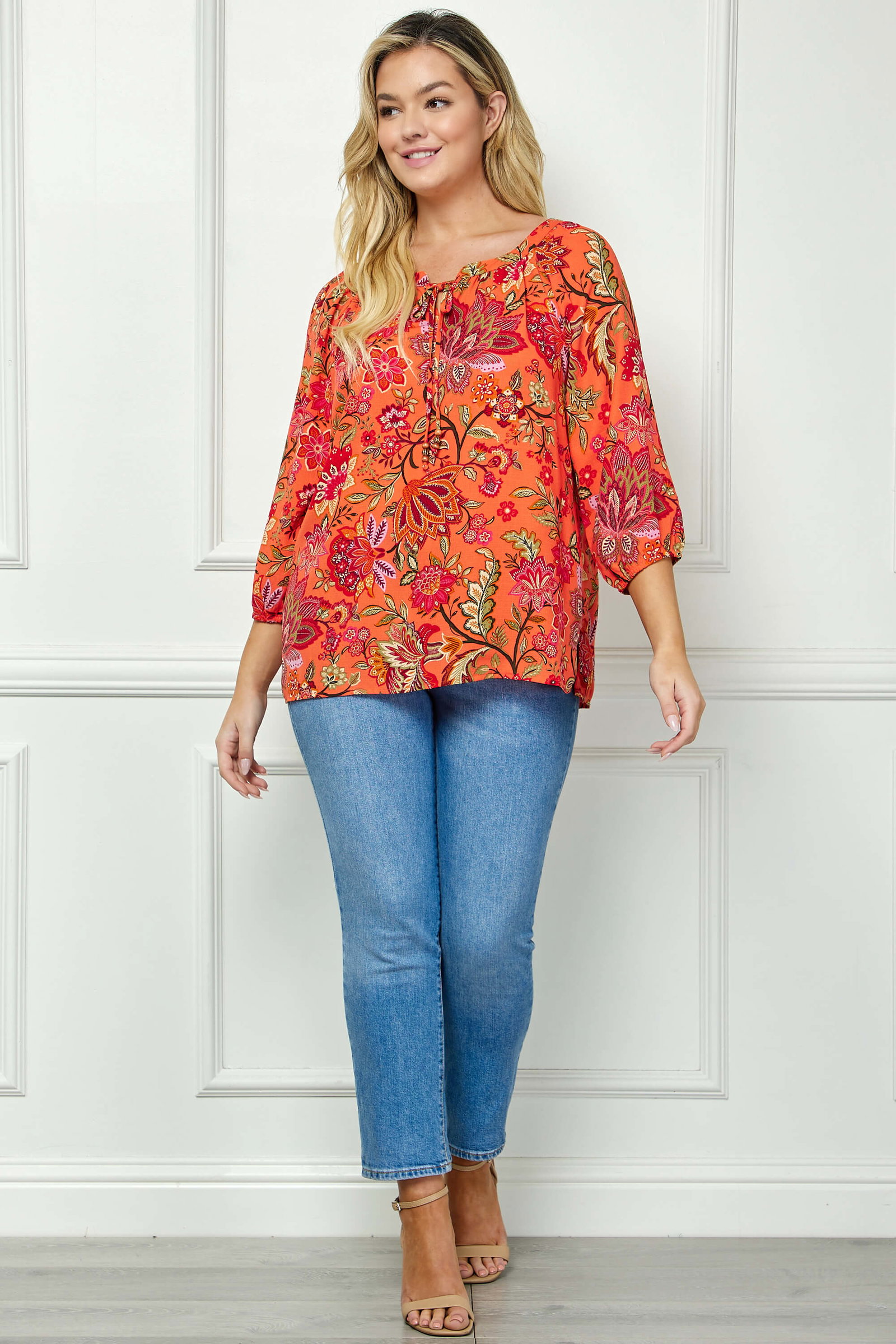 Image of 3/4 Sleeve Beaded Tie-Neck Blouse in Orange/Magenta/Olive - Plus
