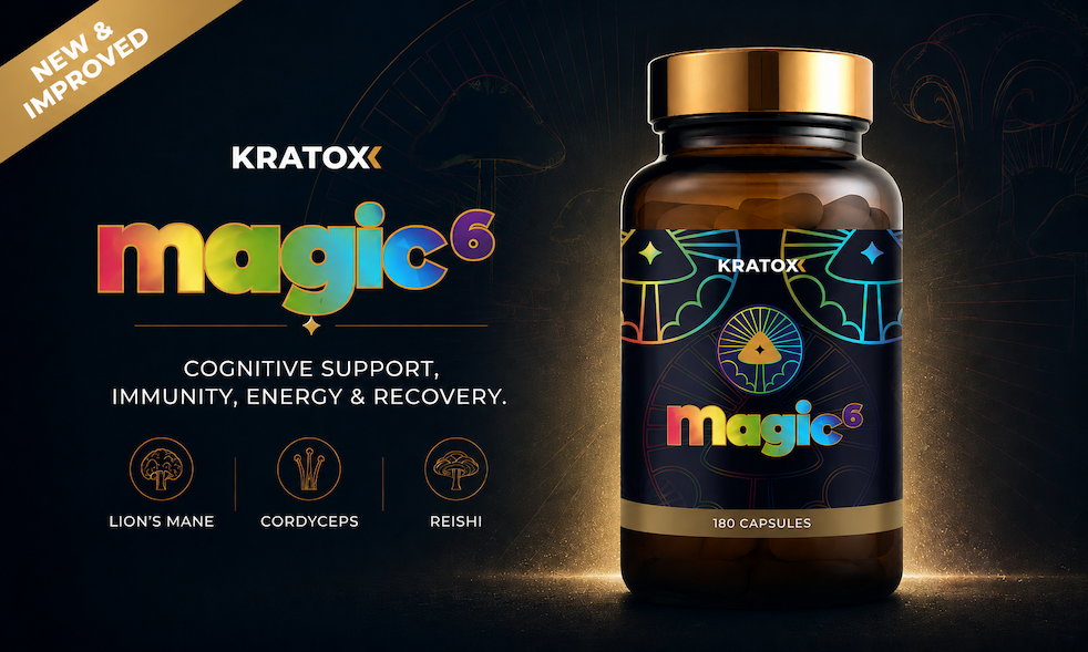 Magic 6 Mushroom Complex featuring Lion’s Mane, Turkey Tail, Reishi, Chaga, Cordyceps, and Tiger’s Milk