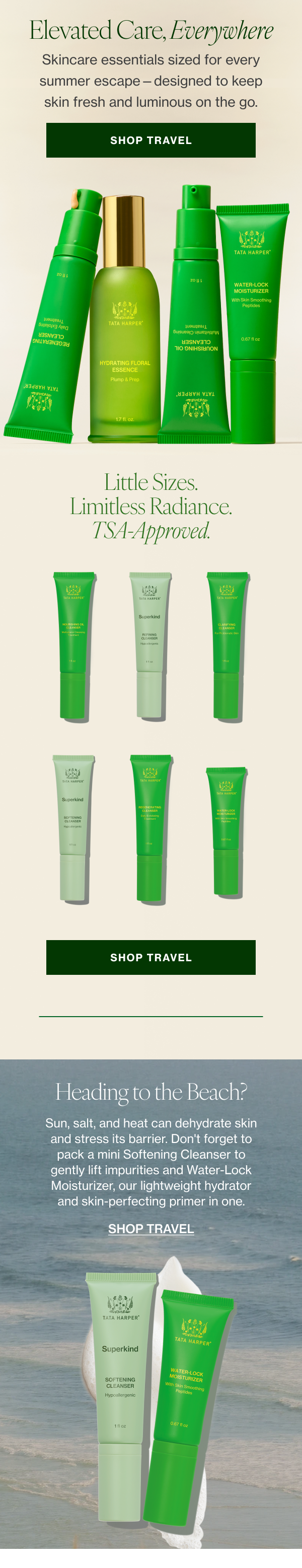 Skincare essentials sized for every summer escape—designed to keep skin fresh and luminous on the go. 