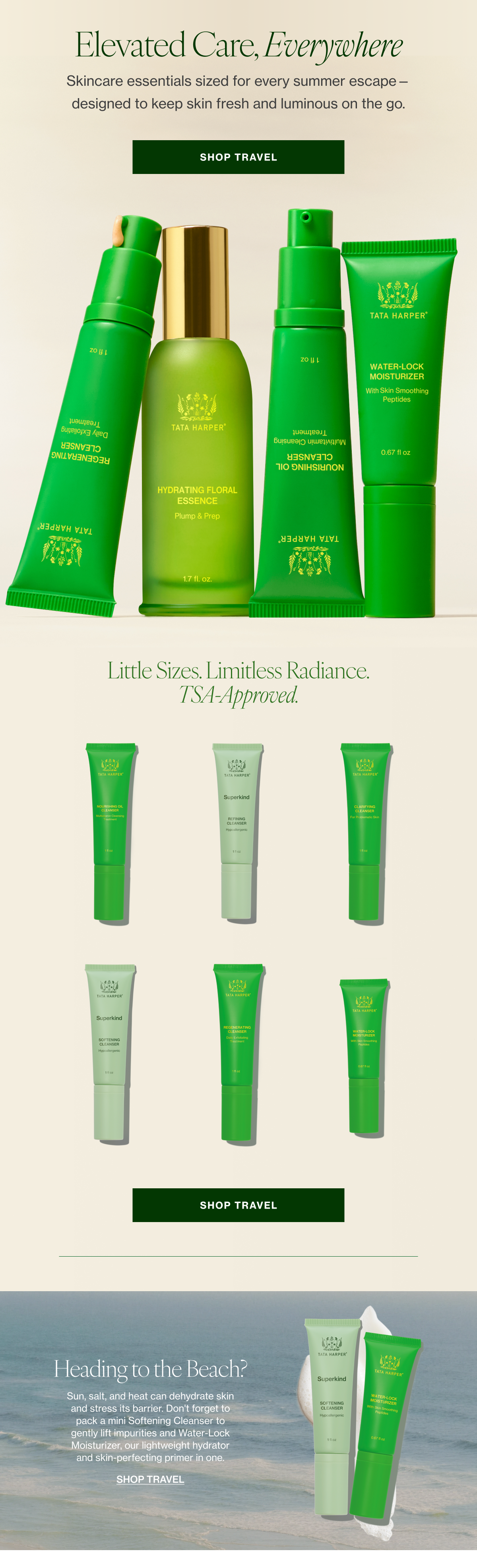 Skincare essentials sized for every summer escape—designed to keep skin fresh and luminous on the go. 