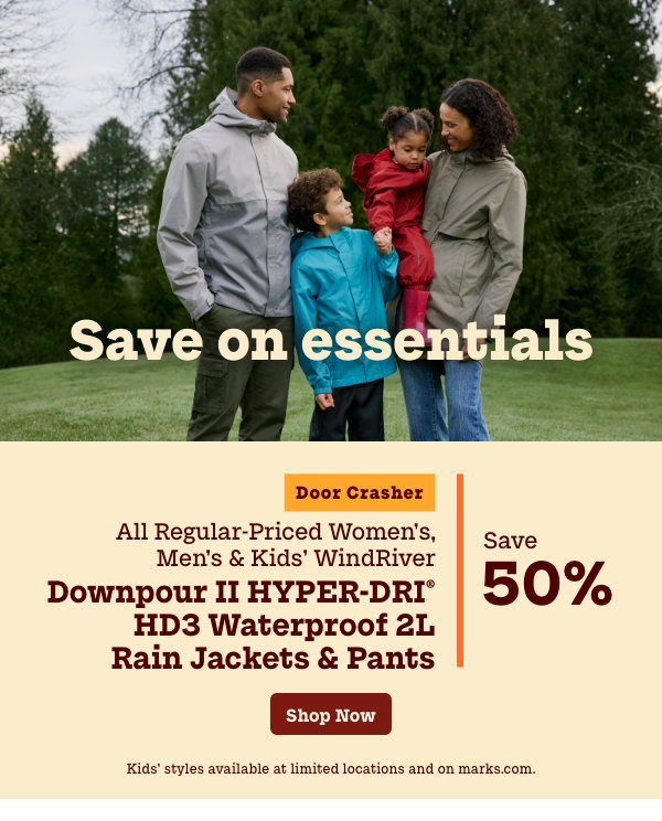 Door Crasher All Regular-Priced Women's, Men's + Kids' WindRiver Downpour II Hyper-Dri HD3 Waterproof 2L Rain Jackets + Pants Save 50%