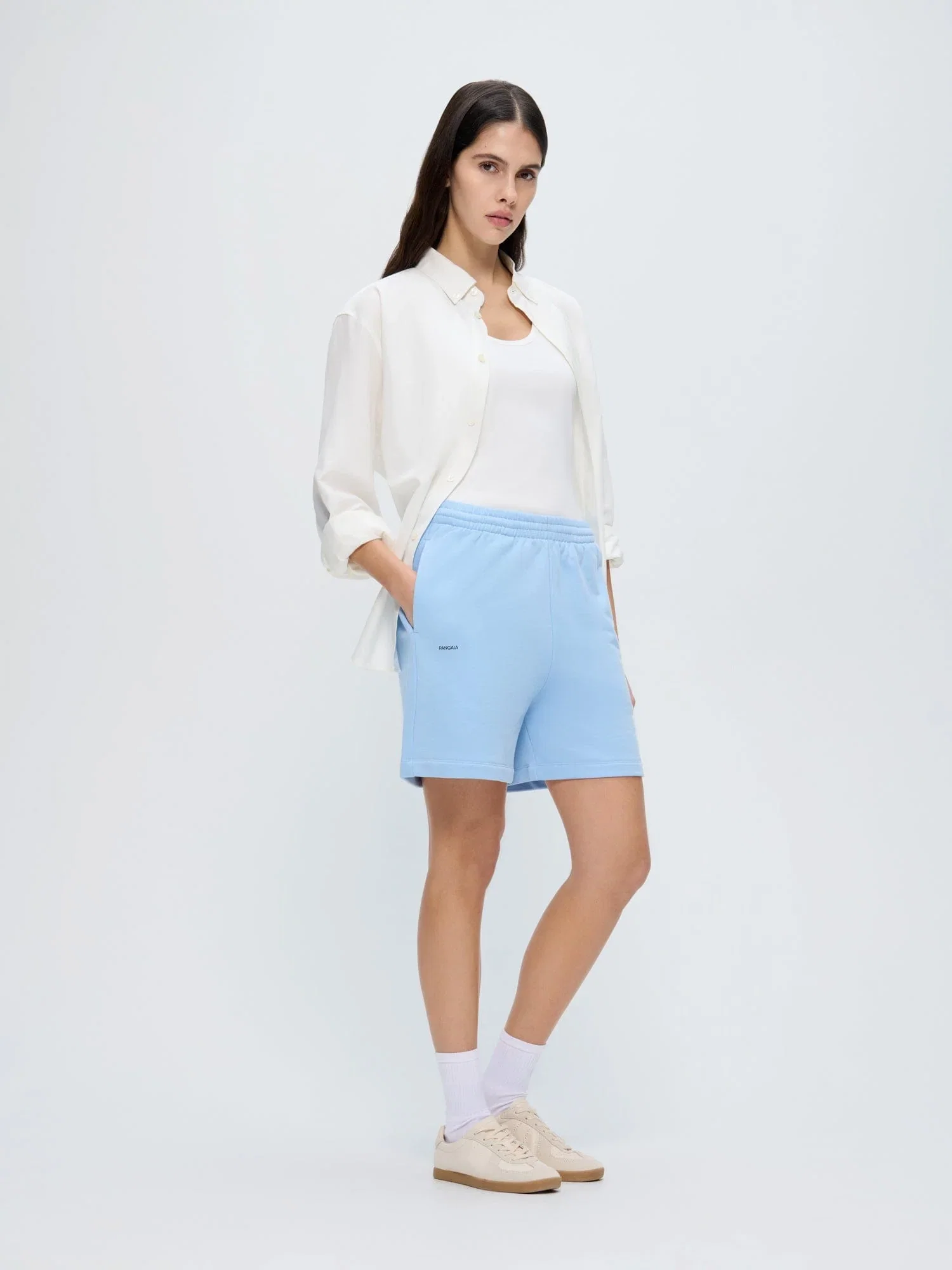 Image of Womens 365 Midweight Mid Length Shorts—Dewdrop Blue