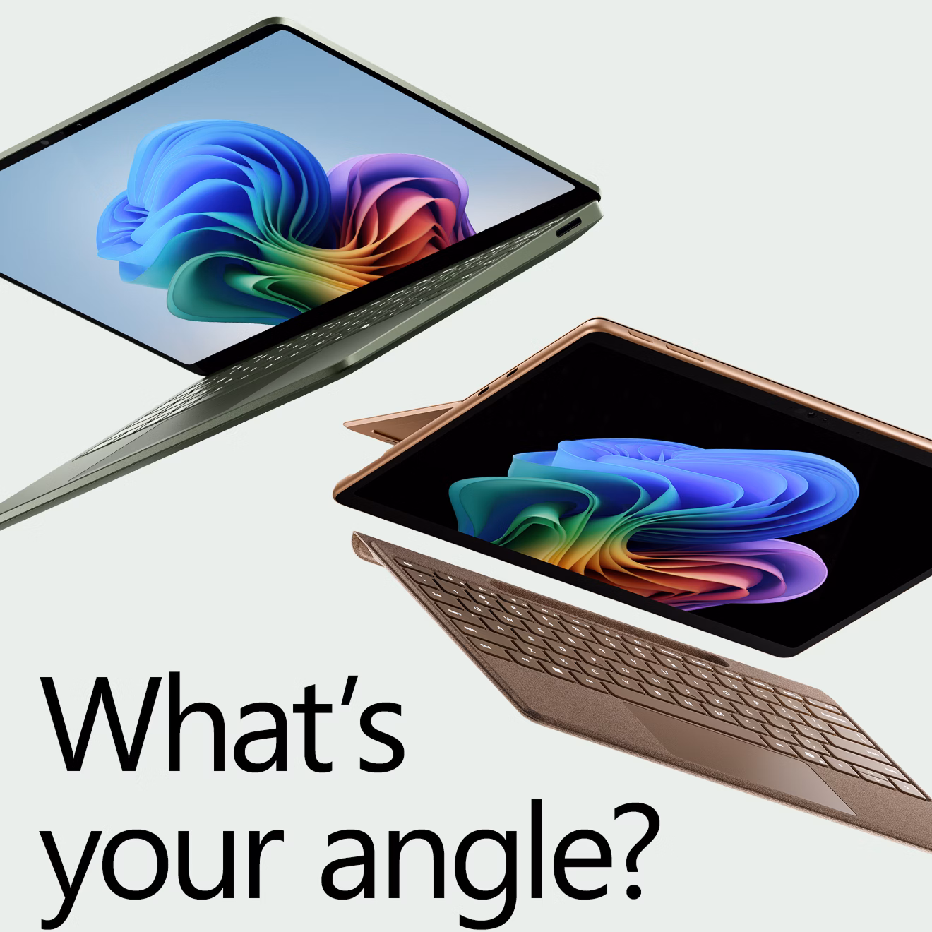 The image shows two Microsoft Surface devices in various colors, open, viewed from the front and arranged in a dynamic, floating formation against a green background. The devices are displayed in Dune and Emerald. The arrangement highlights the color variety and sleek design of the Surface family. The bottom of the image shows the words “What’s your angle?”