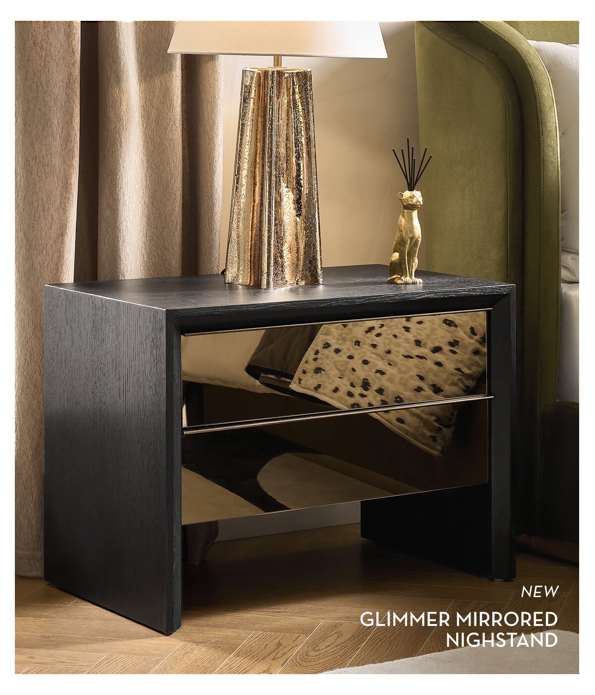 Glimmer Mirrored Black Oak 2-Drawer Nightstand