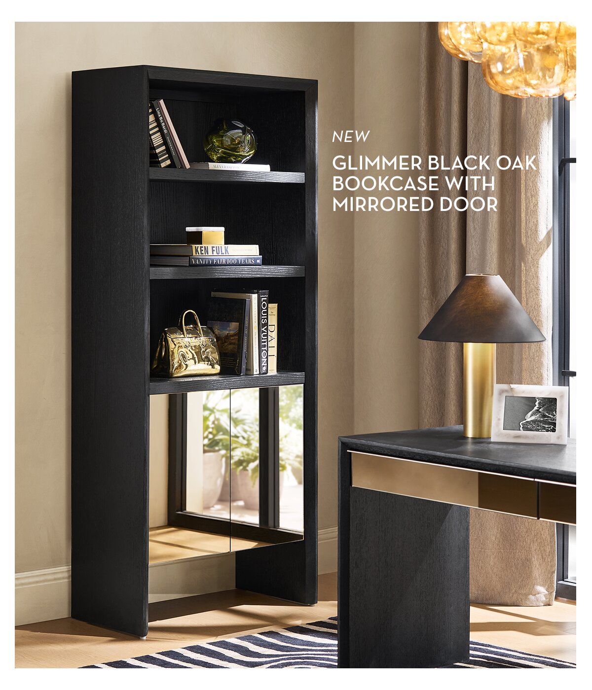 Glimmer Black Oak Bookcase With Mirrored Door