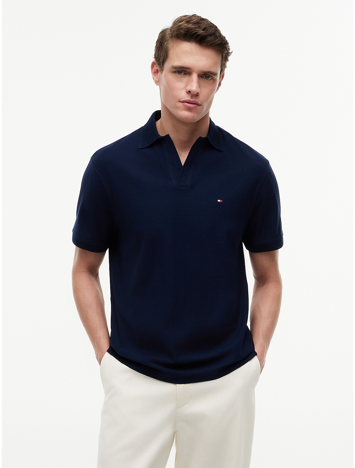 Men's Classic Fit Open Placket Crepe Polo - Navy - M 
