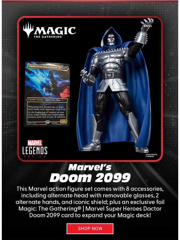  Marvel's Doom 2099  This Marvel action figure set comes with 8 accessories, including alternate head with removable glasses, 2 alternate hands, and iconic shield. 