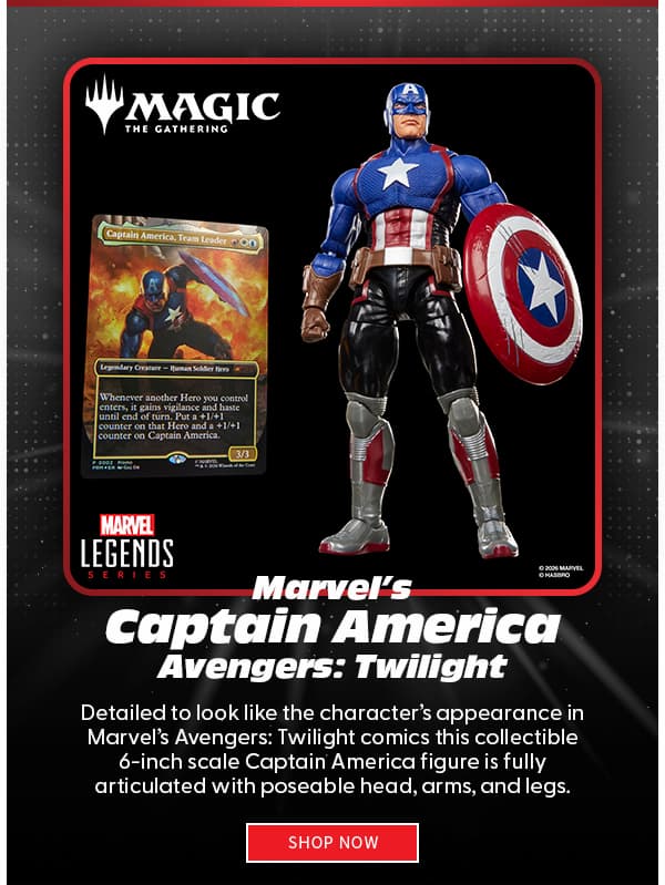 Marvel's Captain America Detailed to look like the character’s appearance in Marvel’s Avengers: Twilight comics this collectible 6-inch scale Captain America figure is fully articulated with poseable head, arms, and legs.  SHOP NOW 