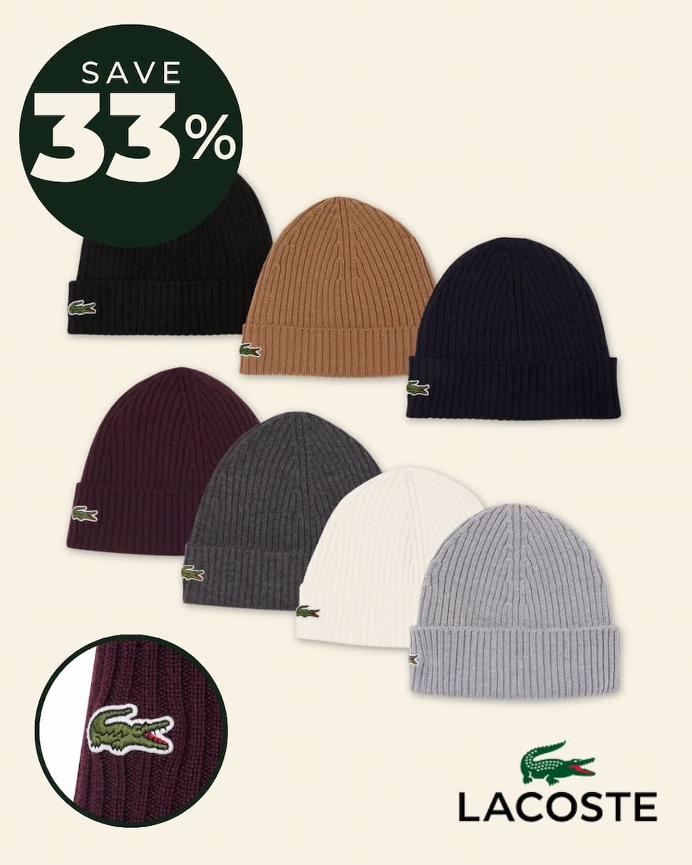 Lacoste Mens Ribbed Natural Wool Green Crocodile Beanie Hat