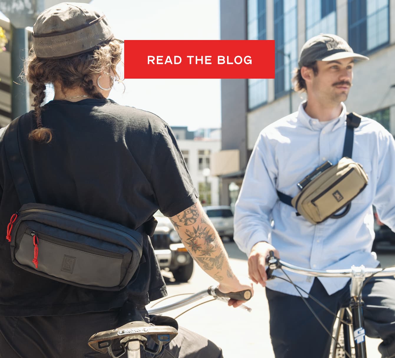 Two people riding bikes wearing the new Micro Kadet