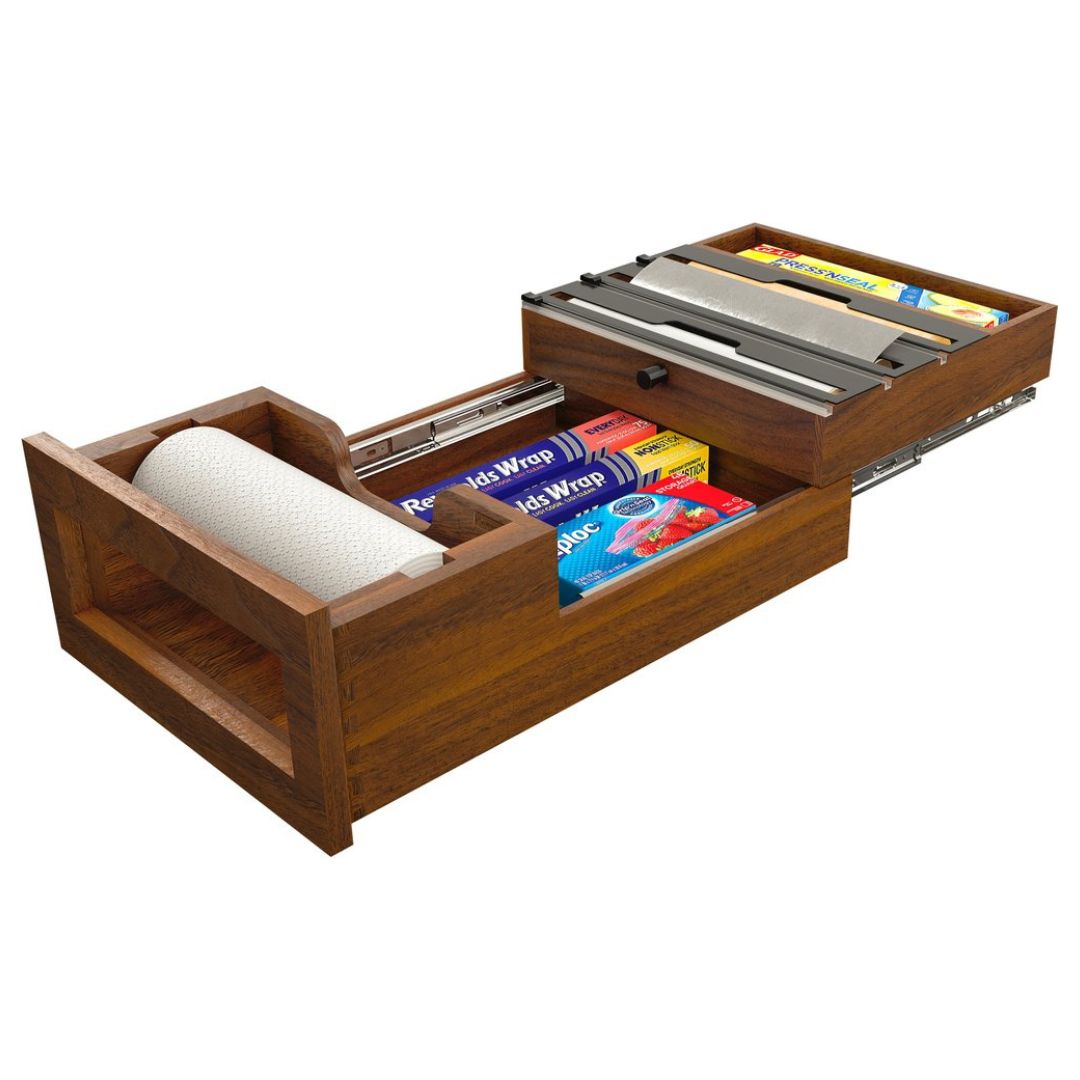 Rev-A-Shelf 4PTTD-WN18H-1, RVS Tiered Paper Towel with Cutter Drawer Replacement for 15" Cabinet Opening Width, Requires Minimum 21-3/4" Depth x 7-1/2" Height, Clear Coat Walnut