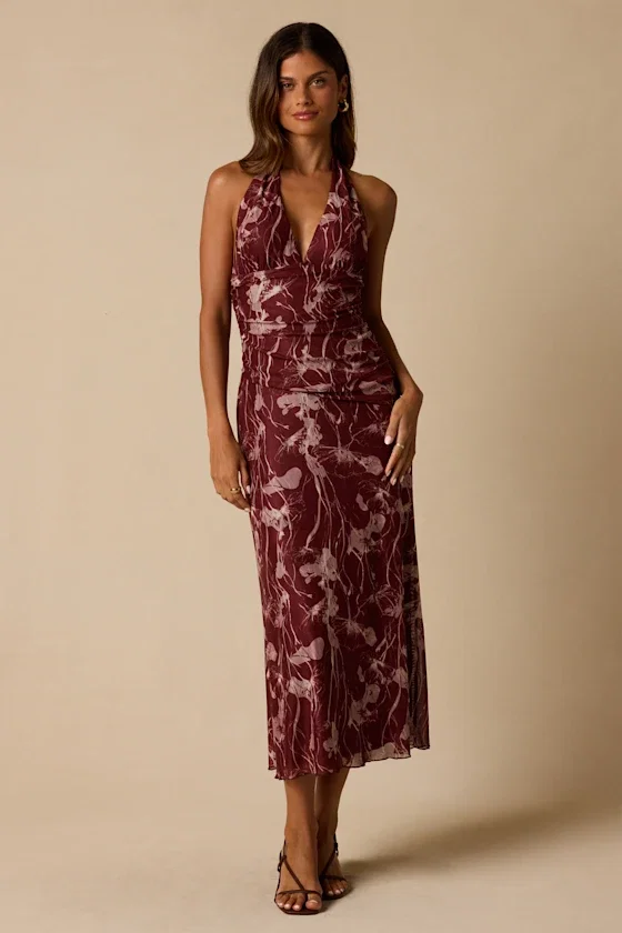 Image of Betty Burgundy Abstract Print Mesh Halter Midi Dress