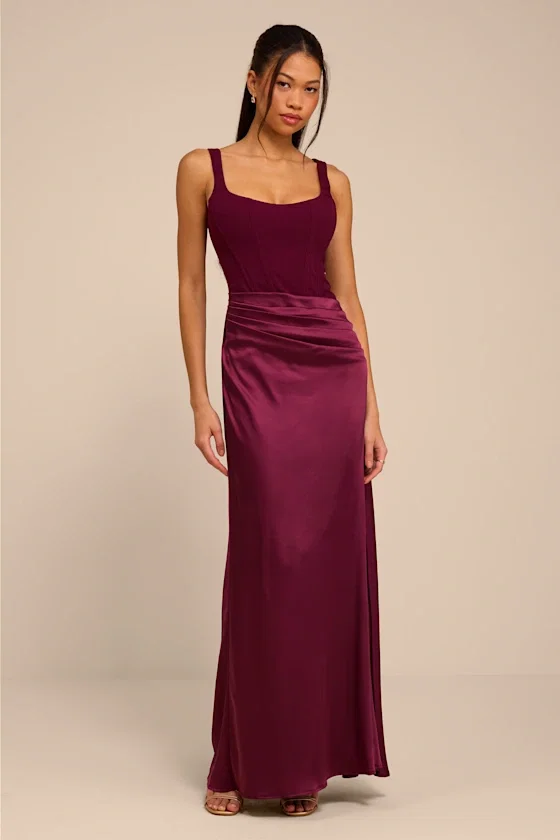 Image of Irene Plum Mixed Media Bustier Maxi Dress