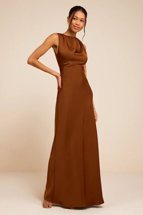 Image of Perla Brown Satin Boat Neck Maxi Dress