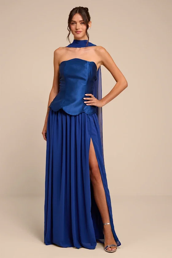 Image of Kadence Navy Mixed Media Maxi Dress and Scarf Set