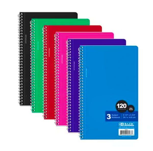 3 Subject Spiral Notebooks - Wide Ruled, 120 Sheets, 6 Colors
