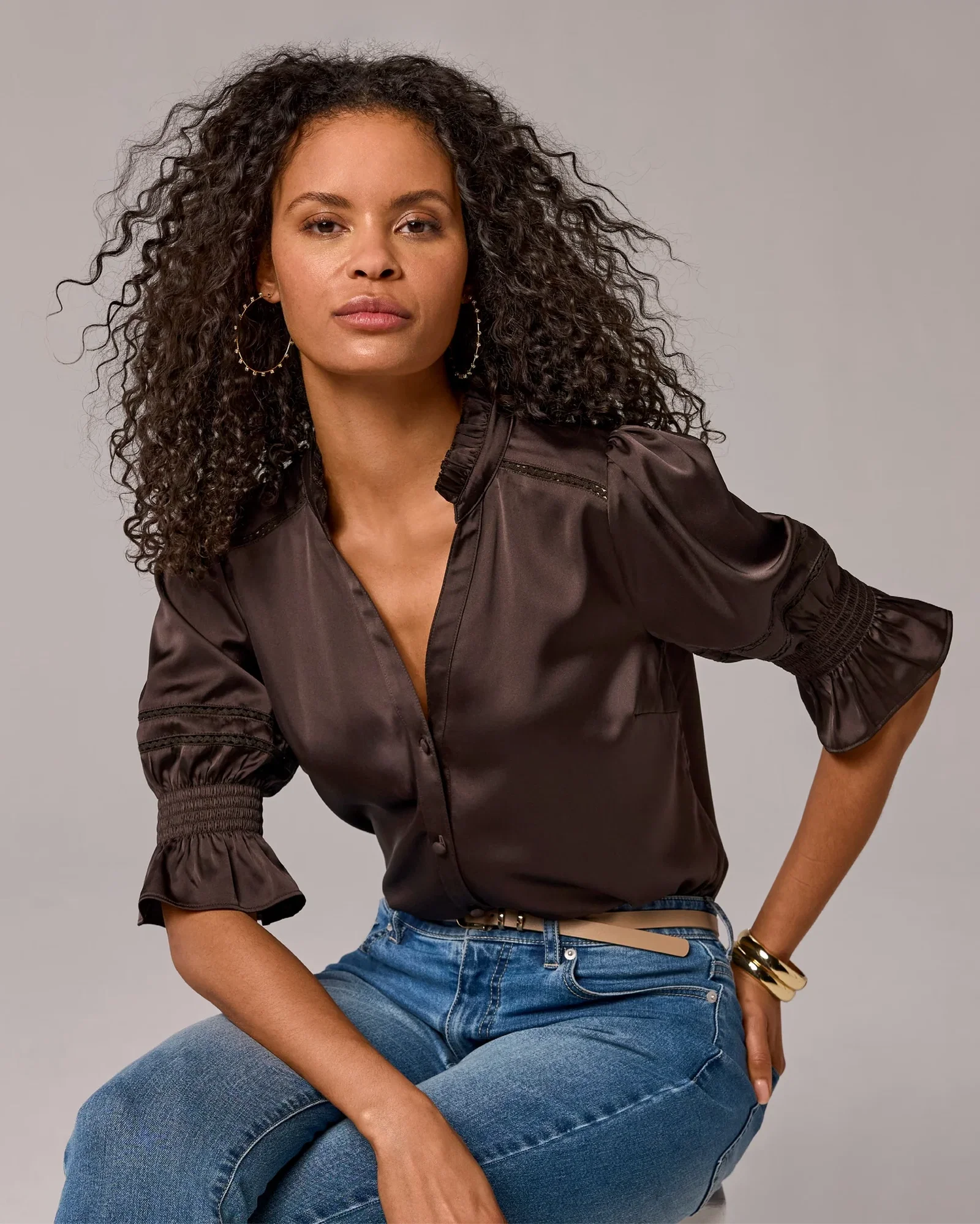 Image of Charmeuse Ruffle Collar Short Sleeve Blouse Chocolate