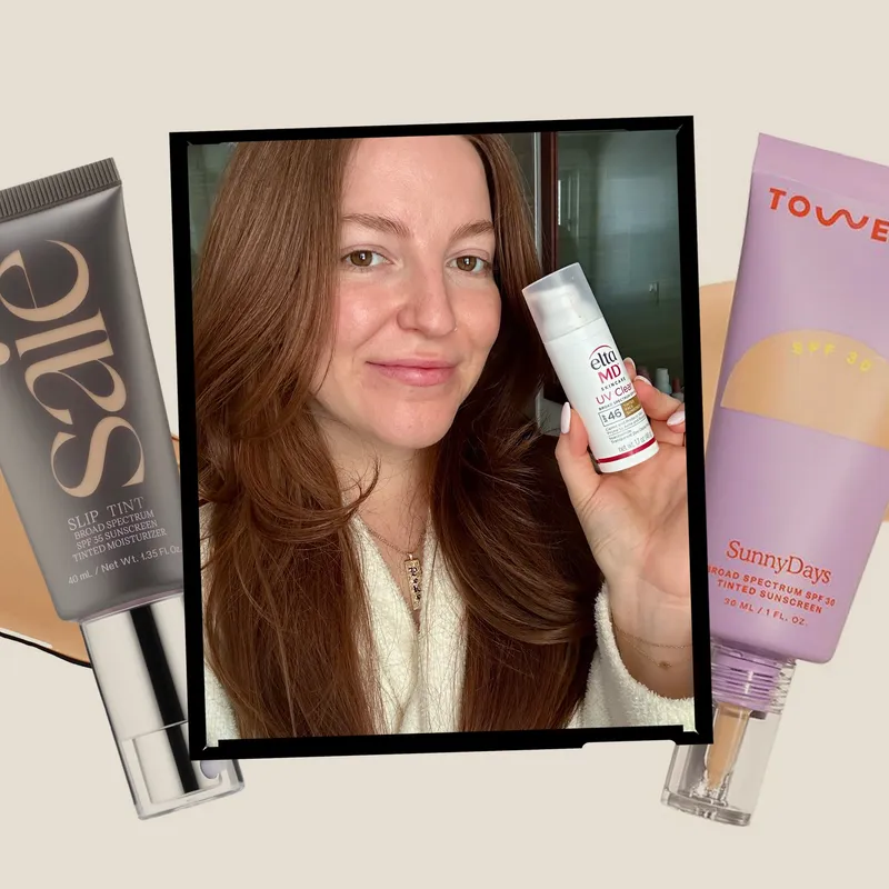 A collage of an Allure editor holding an EltaMD sunscreen bottle alongside other product silos on a beige background