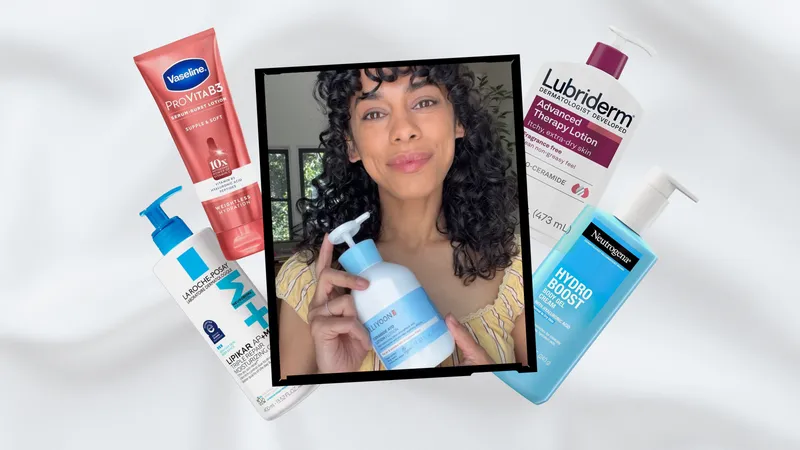 A collage of an Allure editor holding an Illiyoon body lotion alongside other product silos on a creamy white lotion texture background