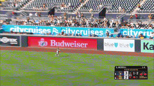 An animated gif of Luis Lara leaping to make an over-the-shoulder catch on the warning track