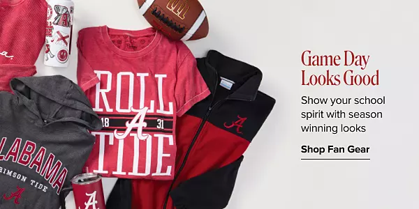 Game day looks good. Show your school spirit with season winning looks. Shop fan gear. Various pieces of University of Alabama fan gear.