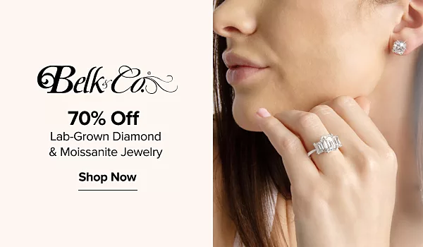 Image of a woman wearing a matching ring & earrings. Belk & Co. logo. 70% off lab-grown diamond & moissanite jewelry. Shop now.