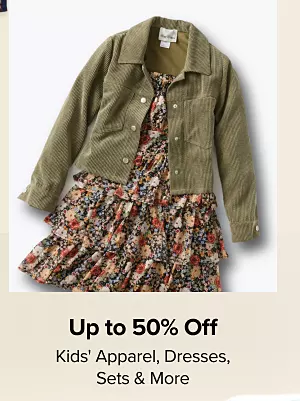 Up to 50% off kids apparel, dresses, sets and more. Shop now. A kids floral dress and green jacket.