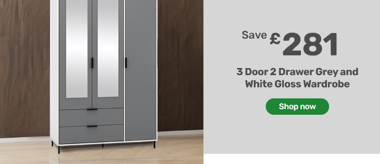 3 Door 2 Drawer Grey and White Gloss Wardrobe. Save £281
