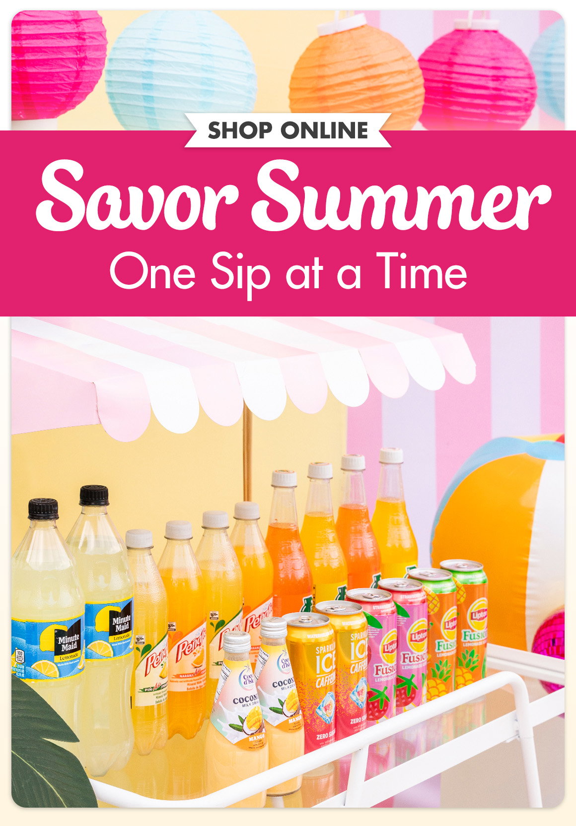 Savor Summer One Sip at a Time. Image of an outdoor beverage cart loaded up with canned and bottled sodas and teas.